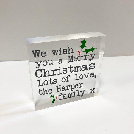 4x4 Acrylic Block Glass Token Square - Family Merry Christmas
